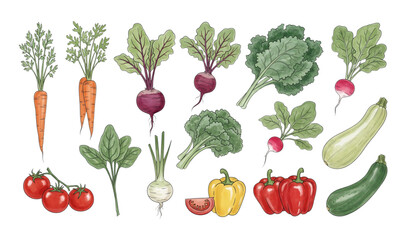 Fototapeta premium Watercolor vegetable collection with hand drawn fresh food elements vector