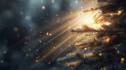 Light filters through the branches of an evergreen tree, casting a warm glow against a blurred background. Particles sparkle in the light, creating a serene and inviting atmosphere, typical of winter