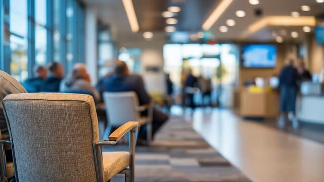 Kiosk at urgent care reception in focus with blurred people sitting in waiting area and clear directional signs on walls during evening hours.
