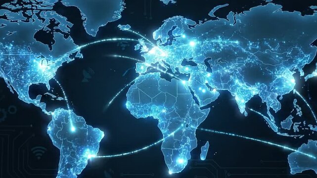 Digital world map with glowing network connection linking global cities and illuminated continents showing city communication and connectivity