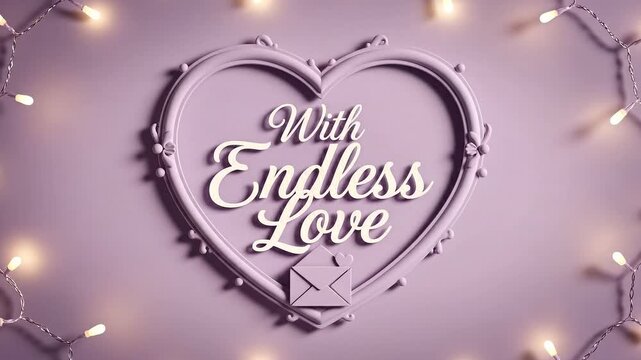Animated lavender heart frame with "with endless love" text and warm digital string lights.