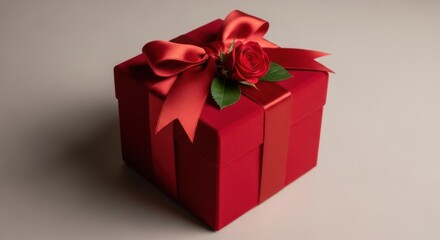 Obraz premium A beautifully wrapped red gift box with a rose on top, perfect for Valentine's Day or a romantic occasion.