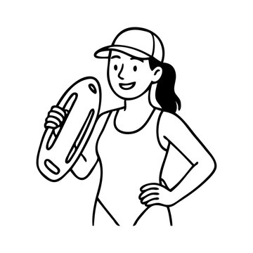 Dibujo sencillo con l&iacute;neas de una socorrista femenina de pie en la playa con flotador de rescate, vestida con traje de ba&ntilde;o y una gorra 