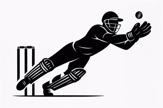 Silhouette Illustration of a Cricket wicketkeeper diving for a catch - T20 World Cup Theme