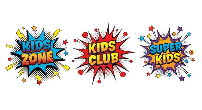 Vibrant comic style kids zone club super kids logos