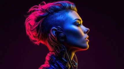 Vibrant portrait of a futuristic woman, illuminated by neon lights and advanced enhancements.