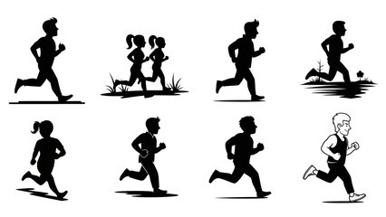 Set of silhouettes depicting people running for exercise fitness activities jogging individuals in various poses isolated on white background art