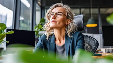 A professional blonde woman in glasses looks up with a thoughtful expression in her office.