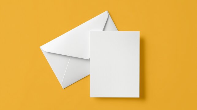 Clean Blank White A2 Greeting Card with Matching Envelope on Mustard Yellow Background, Vertical Mockup