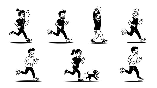 Set of diverse people jogging and running outdoors for fitness activity and exercise routine illustration