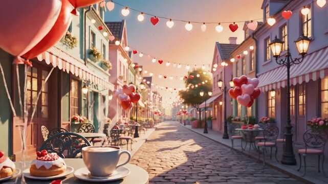 Dreamy pastel street scene celebrating valentine's day, featuring heart balloons and a cafe setting.