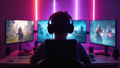 Teenager plays video games at night with multiple monitors. Colorful neon lights illuminate room. Player wears headphones, focused on screen. Immersive entertainment.