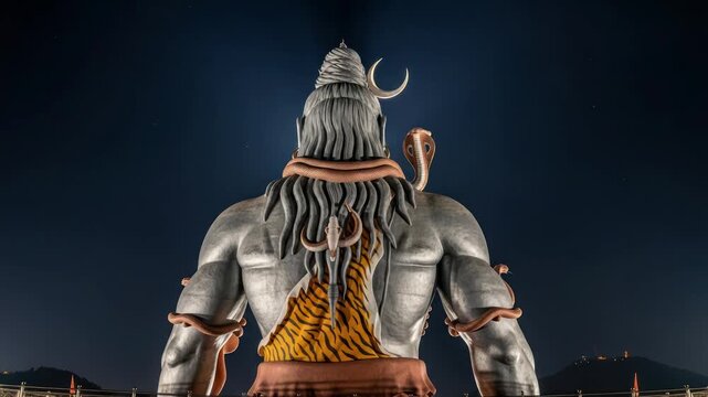 Massive Shiva Statue at Night with Serpent and Tiger Print