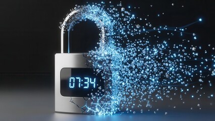 A futuristic, vulnerable digital padlock crafted from brushed metallic material, actively disintegrating into a vibrant stream of glowing blue particles while displaying a critical countdown timer on