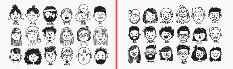 People Face Outline Icon Set, Human Portrait Illustration, Avatar Emotion Symbols, Black And White Face Icons, Profile Expression Clipart, Social Design Elements, Face Icon Collection

