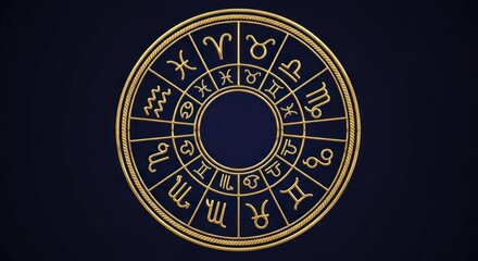 Obraz premium A golden astrological wheel with the signs of the zodiac, set against a dark blue background with a rope border.