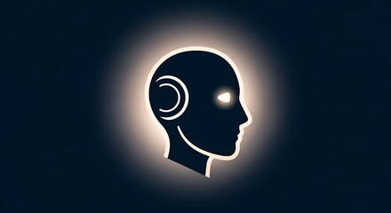 A glowing human head silhouette on a dark background represents artificial intelligence and thought.