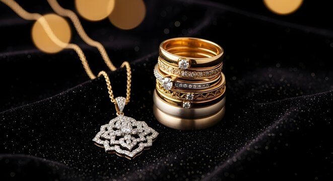Una sorprendente colecci&oacute;n de relucientes joyas de oro brilla en un ambiente con poca luz, perfecta para capturar la esencia de la elegancia y el estilo.