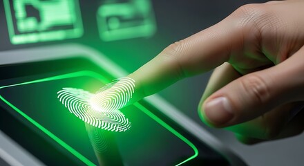 A human finger authenticates identity using a glowing green biometric fingerprint scanner.