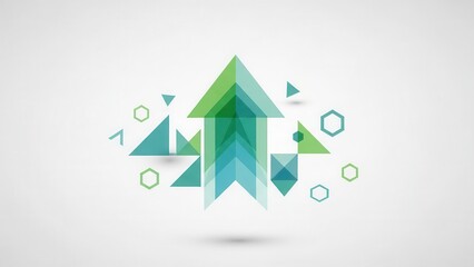 A dynamic, modern, and abstract upward-pointing arrow graphic composed of vibrant green and teal translucent geometric shapes, including layered triangles and various hexagons, artistically arranged