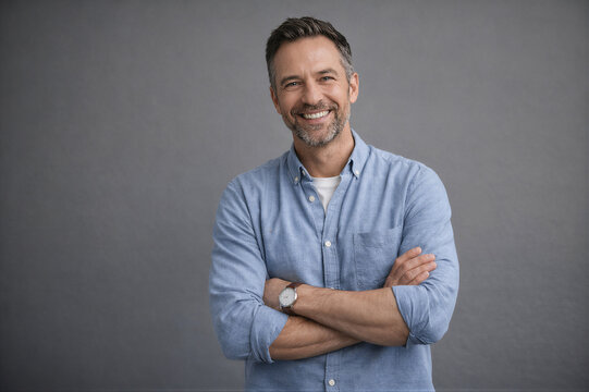 Pewny siebie mężczyzna z założonymi rękami na neutralnym tle