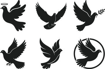 Obraz premium Flying Dove Silhouette Set Peace Bird Olive Branch Vector