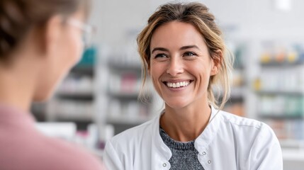 A pharmacist smiles warmly at a customer while discussing medication in a modern pharmacy setting.