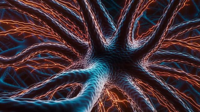 An intricate and dense network of glowing blue neuron branches pulses with subtle energy in the darkness.
