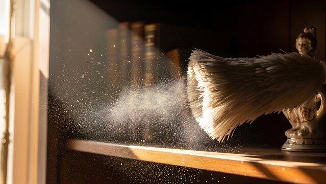 Dusting a bookshelf with a soft feather duster, catching light beams and illuminating airborne particles in a warm, vintage interior.