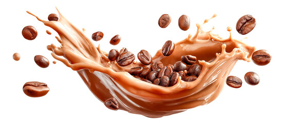 Coffee splash ribbon swirl beans brown liquid creamy dynamic isolated closeup surge of coffee swirl with glossy beans, creamy texture, rich brown tones, energetic motion, isolated white, isolated