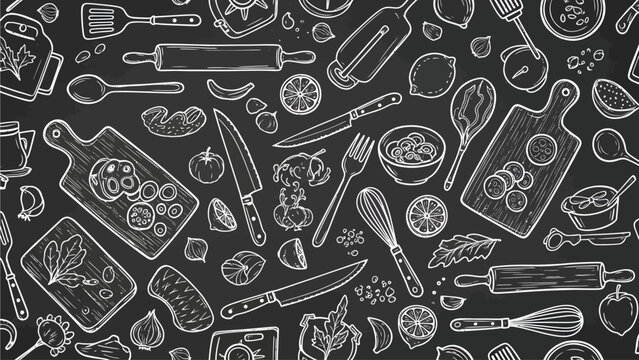 Rustic chalkboard background adorned with an assortment of hand-drawn cooking tools, cutlery, and fresh ingredients, capturing the essence of home cooking and culinary creativity in a seamless pattern