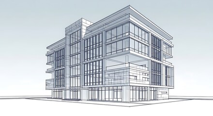 Modern architectural sketch of a multi-story commercial building with glass facades.