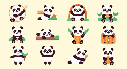 Fototapeta premium Cartoon Panda Bear Collection Cute Vector Animals