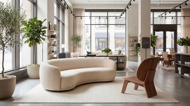 Modern furniture showroom with sofa and wooden designer chair in light interior. Contemporary minimal stylish furnishings and home decor, salon or store with big windows and plants. Horizontal banner.