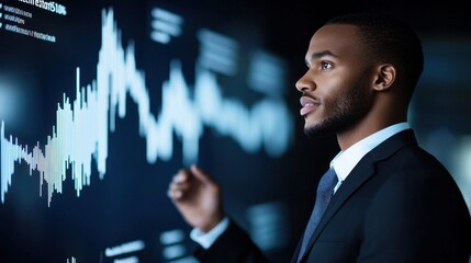 An african american businessman examines market analysis and data on a digital screen in an office setting.