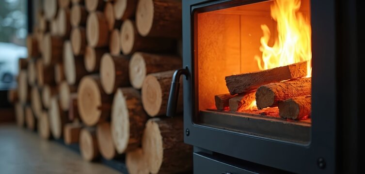 Modern black log burner with burning logs inside. Stacked wood pile sits next to the fireplace. Cozy home heating for winter season. Warm atmosphere in room.