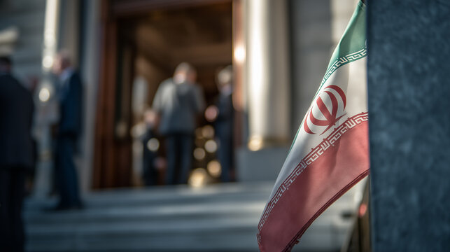 Iranian flag displayed prominently on a stone step outside a building, with blurred figures of people in formal attire entering the venue during a gathering or event
