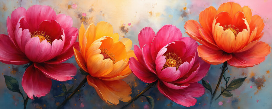 Four large, vibrant peonies painted in oil, acrylic with golden accents. Flowers bold petals in pink, orange, yellow hues against soft blue background. Artwork adds touch of nature, luxury to space.