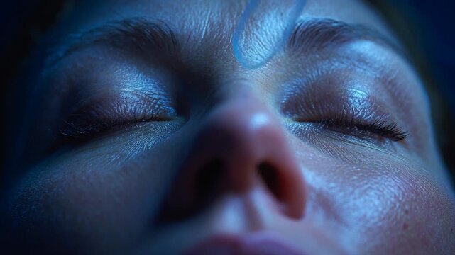 closed eyelids and a relaxed face in cold blue ambient light, with a barely visible luminous glow lifting above the forehead&mdash;an intimate, spiritual moment rendered with quiet, realistic depth.
