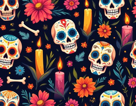 Sugar skulls pattern with flowers and candles. Day of the Dead theme with festive skeletons, bright petals, and burning lightsticks. Festive Mexican celebration graphic art.
