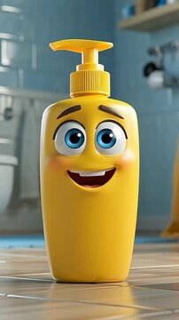A cute 3D animated sunscreen bottle character in cartoon style