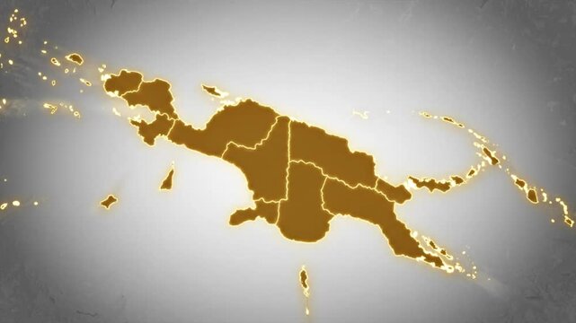 Glow outline map of Papua New Guinea and surrounding islands with shimmering golden highlights on light gray background