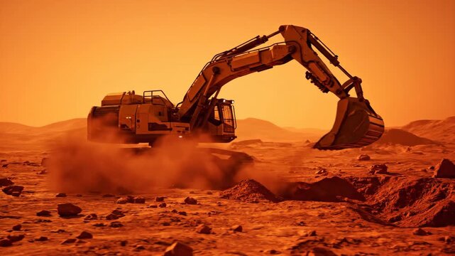 A crawler excavator digs into the red dust of a desolate planet