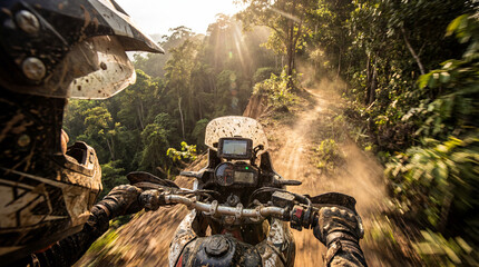 Obraz premium Adventurer on an enduro motorcycle powering through a muddy jungle trail, throwing dirt and dust while sunlight filters through tropical trees in a fast paced off road ride