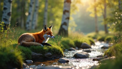 Fototapeta premium Red fox rests on mossy bank near clear stream water. Sunny birch forest provides calm wildlife habitat. Green grass and stones surround tranquil animal in wild. Nature scenery.