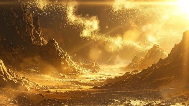 Golden landscape with y mountains and bright light shining through the clouds.