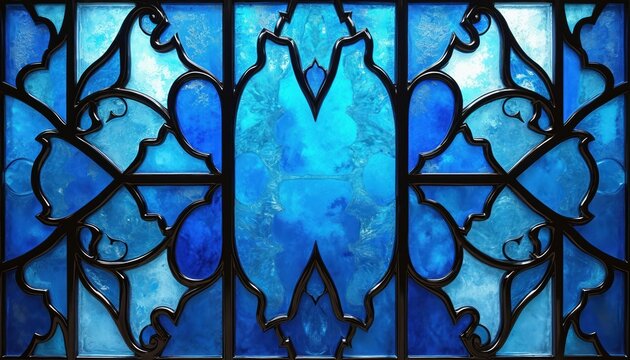 Abstract blue stained glass window pattern with intricate black lead framing. Light streams through colourful glass segments creating a vibrant mosaic effect. Perfect for decorative backgrounds.