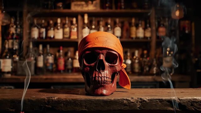 Skull with bandanna on a bar counter with bottle background and smoke effect