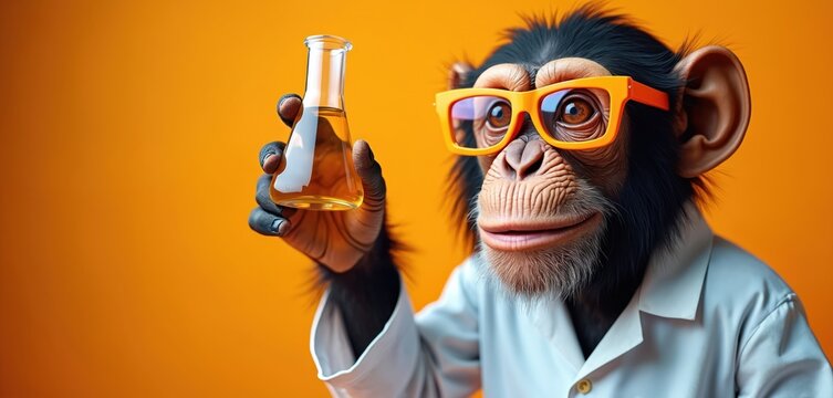 Chimpanzee scientist wears glasses, holds flask with liquid. Ape in lab coat celebrates success in bright orange studio. Smart primate shows achievement, discovery in research.