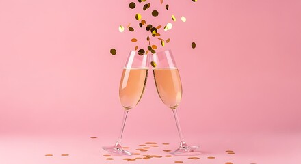 Sophisticated party toast featuring crystal champagne glasses and falling gold discs against a soft, monochromatic pink studio setting.